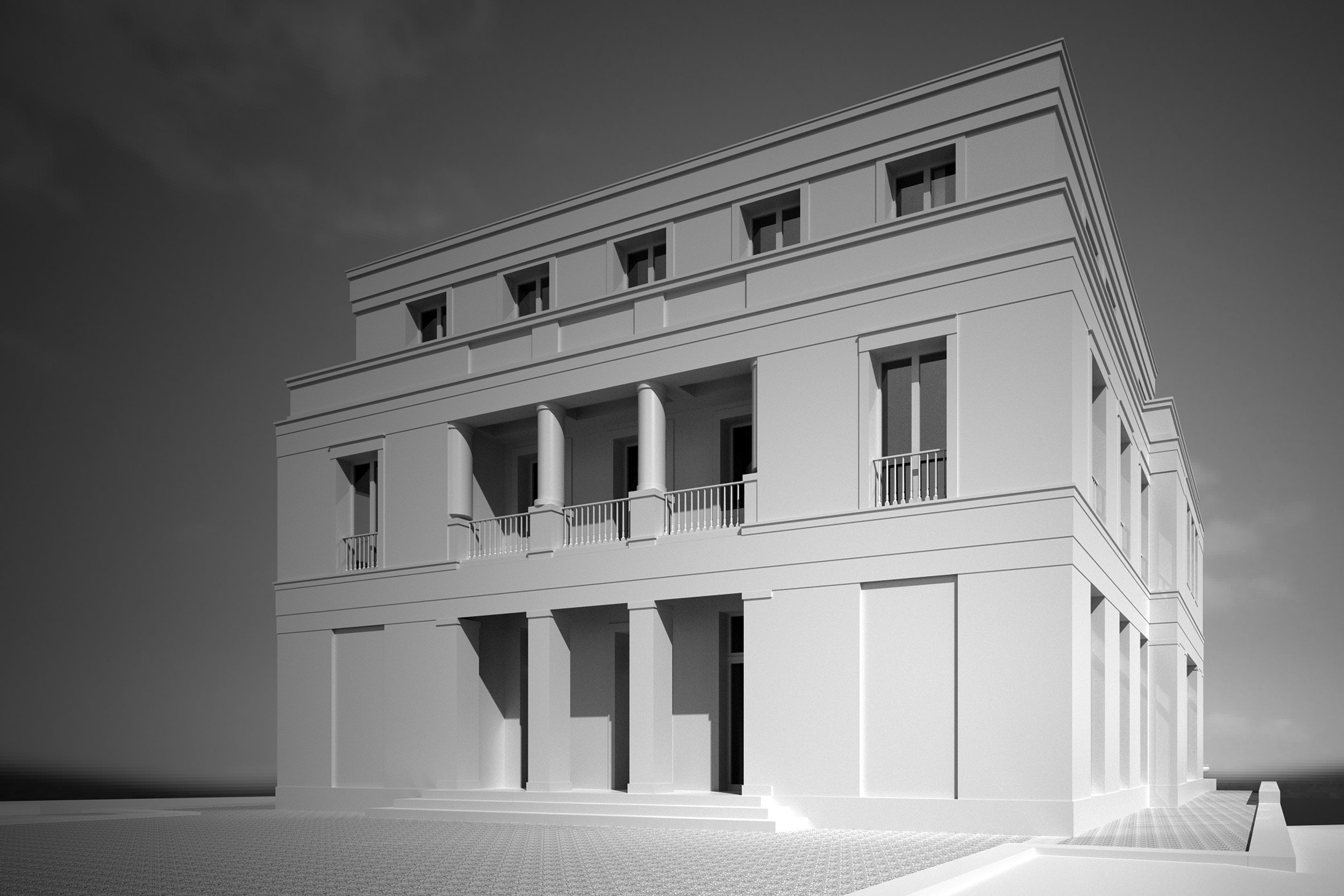 Säulen und Balkone des Eingangs wirken wie bei einem Haus im Altbaustil Säulen und Balkone des Eingangs wirken wie bei einem Haus im Altbaustil