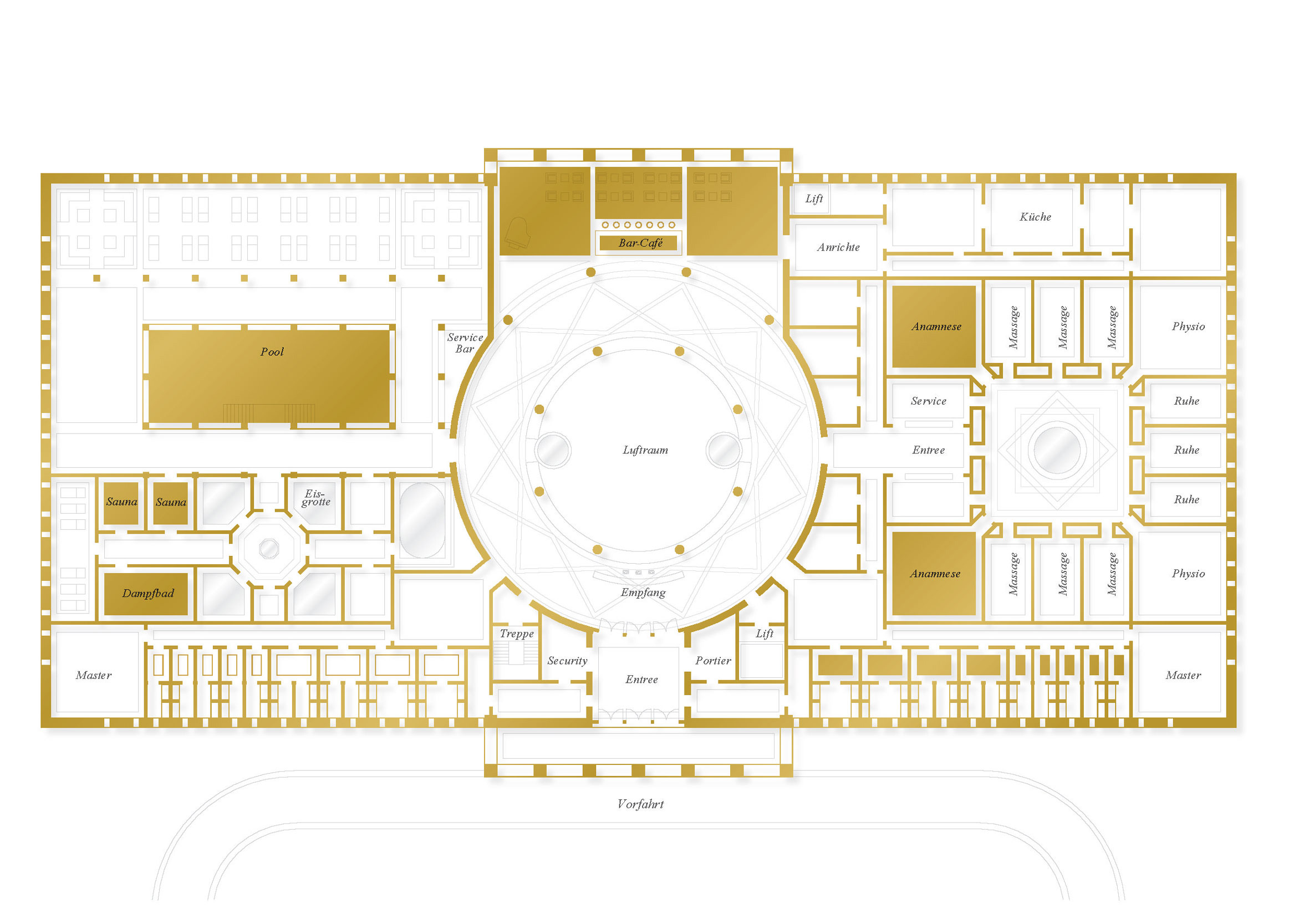 Die Komplexität des Raumprogramms führt zu den enormen Ausmaßen des Gebäudes Die Komplexität des Raumprogramms führt zu den enormen Ausmaßen des Gebäudes.