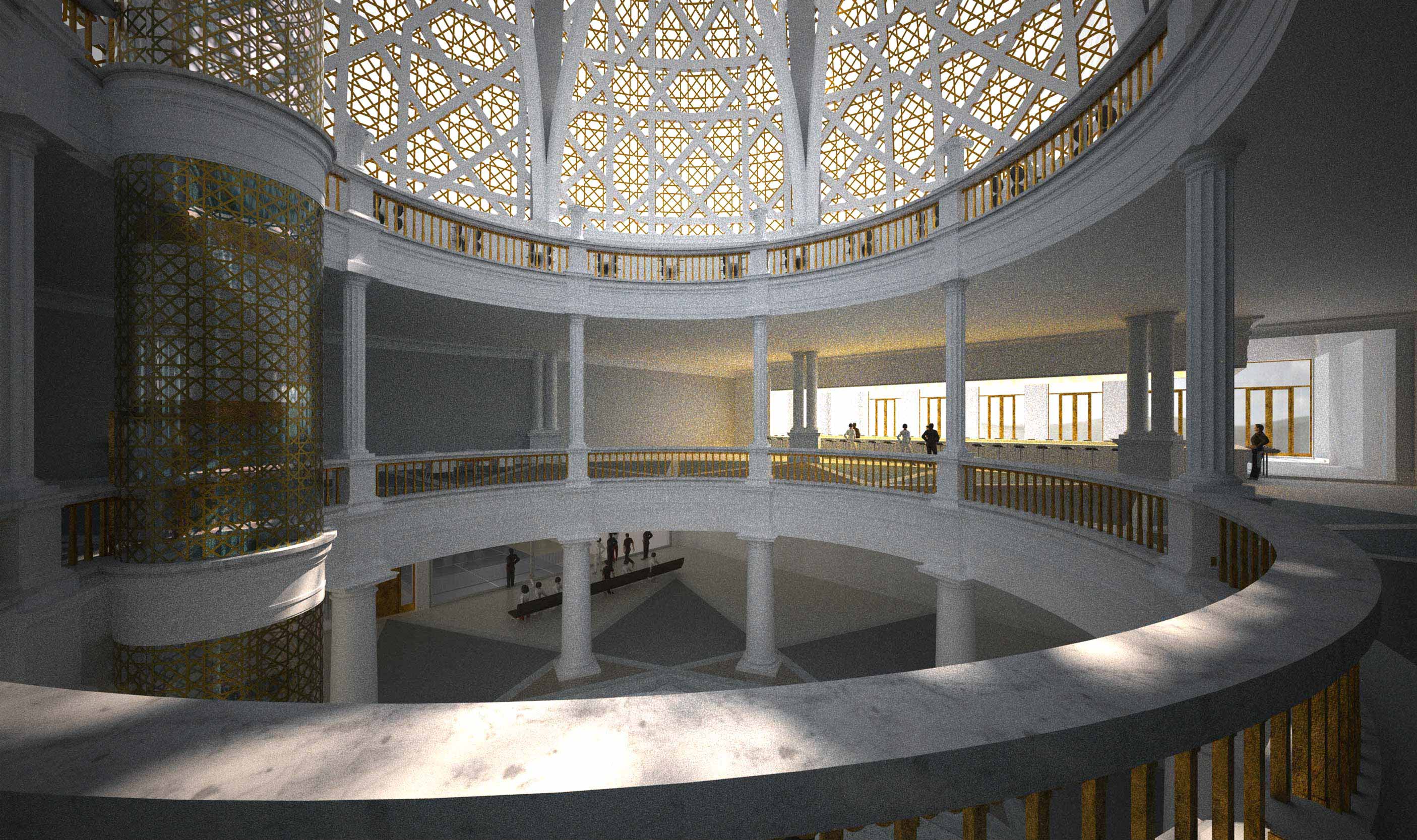 Die Orientierung im Gebäude erfolgt über eine dreigeschossige Kuppelhalle Die Erschließung des Sporting Clubs erfolgt über eine ornamentierte Kuppelhalle.