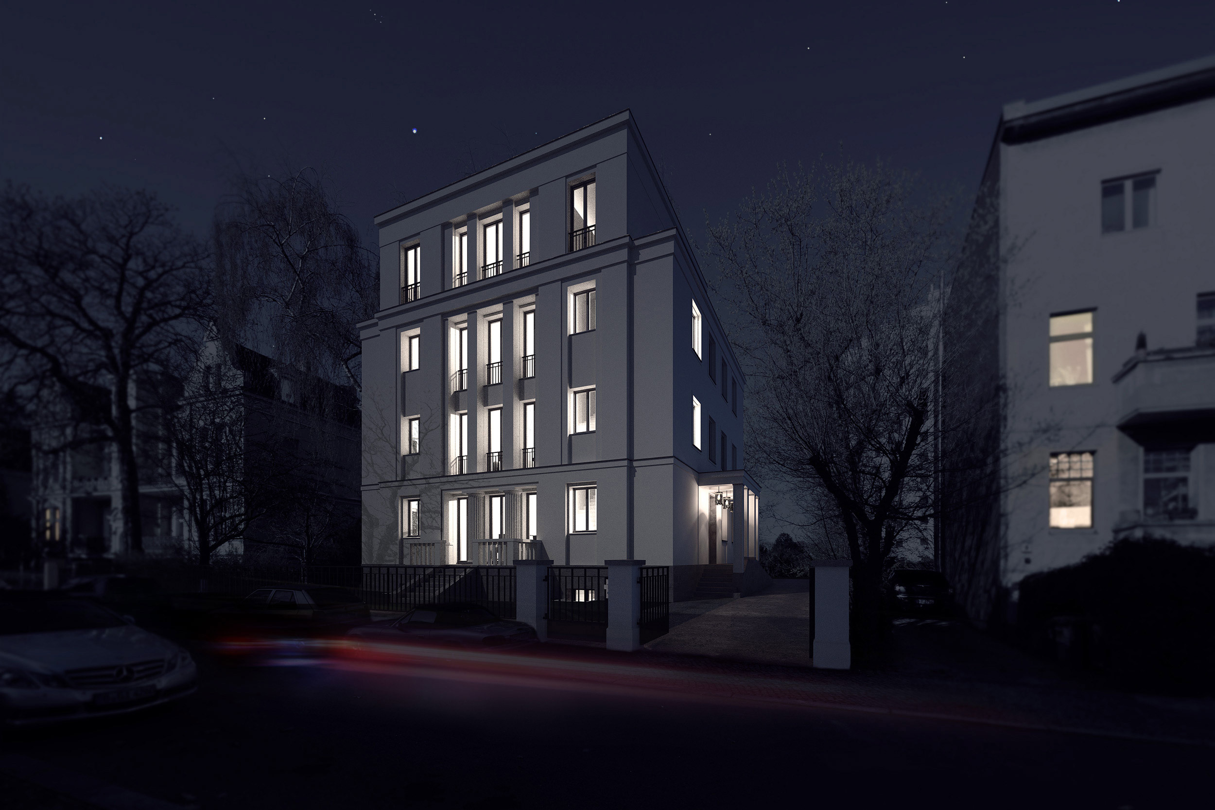 Nachts wird die Gebäudekonzeption mit dem Rückrat zentraler Räume stärker erlebbar. Nachts wird die Gebäudekonzeption mit dem Rückrat zentraler Räume stärker erlebbar.