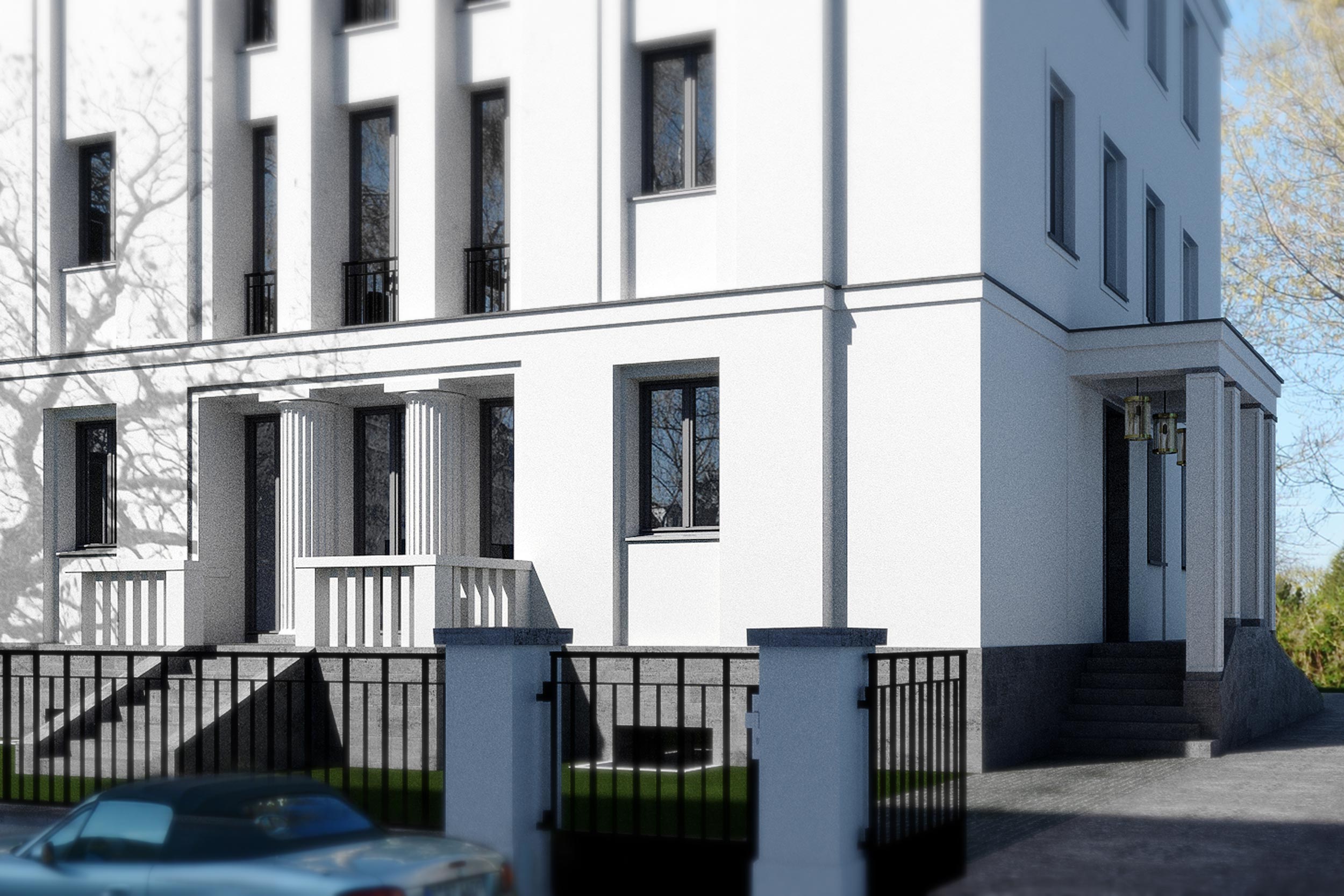 Blick auf das Säulenportal des Haupteingangs und den Gartenaustritt. Blick auf das Säulenportal des Haupteingangs und den Gartenaustritt.