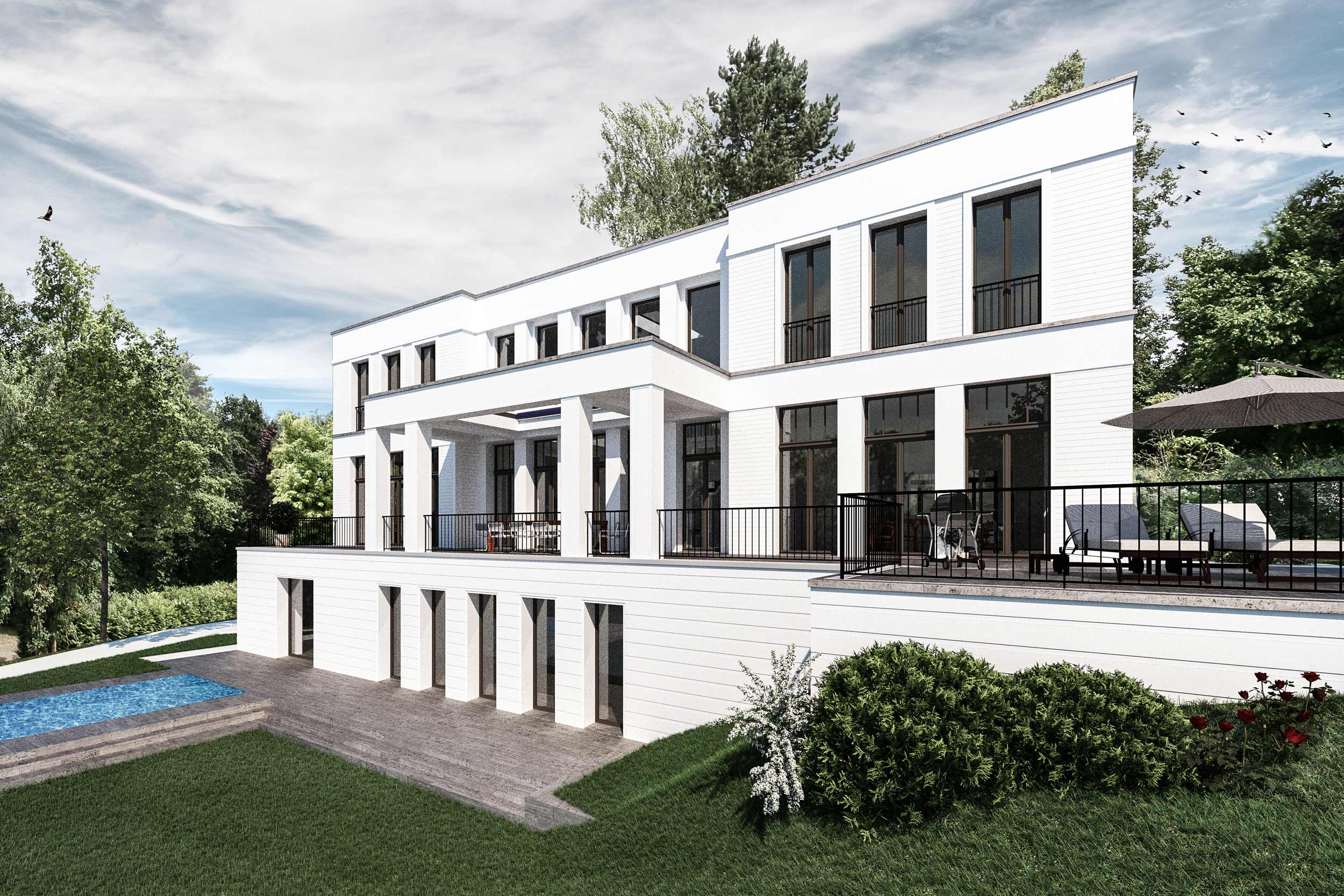 Durch seine Lage am Hang hat man vom Wohnhaus, dem Pool und allen Sonnenterrassen einen weiten Ausblick ins Tal.