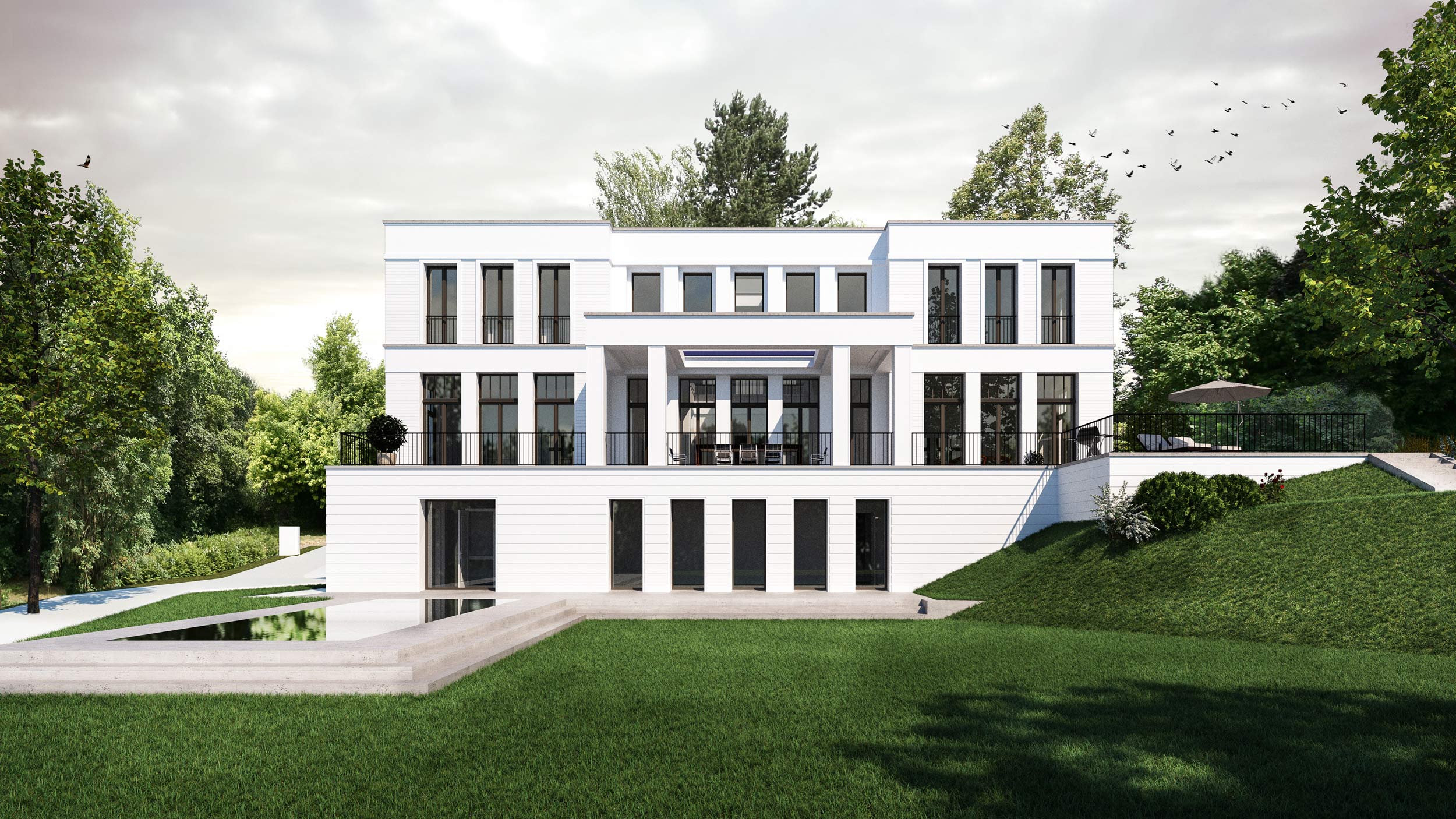 Die Hanglage der Villa bietet den Nutzern besondere Orte: eine Pergola für Dinners im Freien, einen Fitnessbereich im Basement und eine Poollandschaft im Freien.