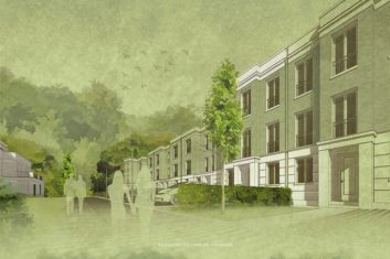 Ansicht der Straßenfassade der Townhouses aus Backsteinmauerwerk