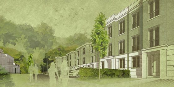 Ansicht der Straßenfassade der Townhouses aus Backsteinmauerwerk