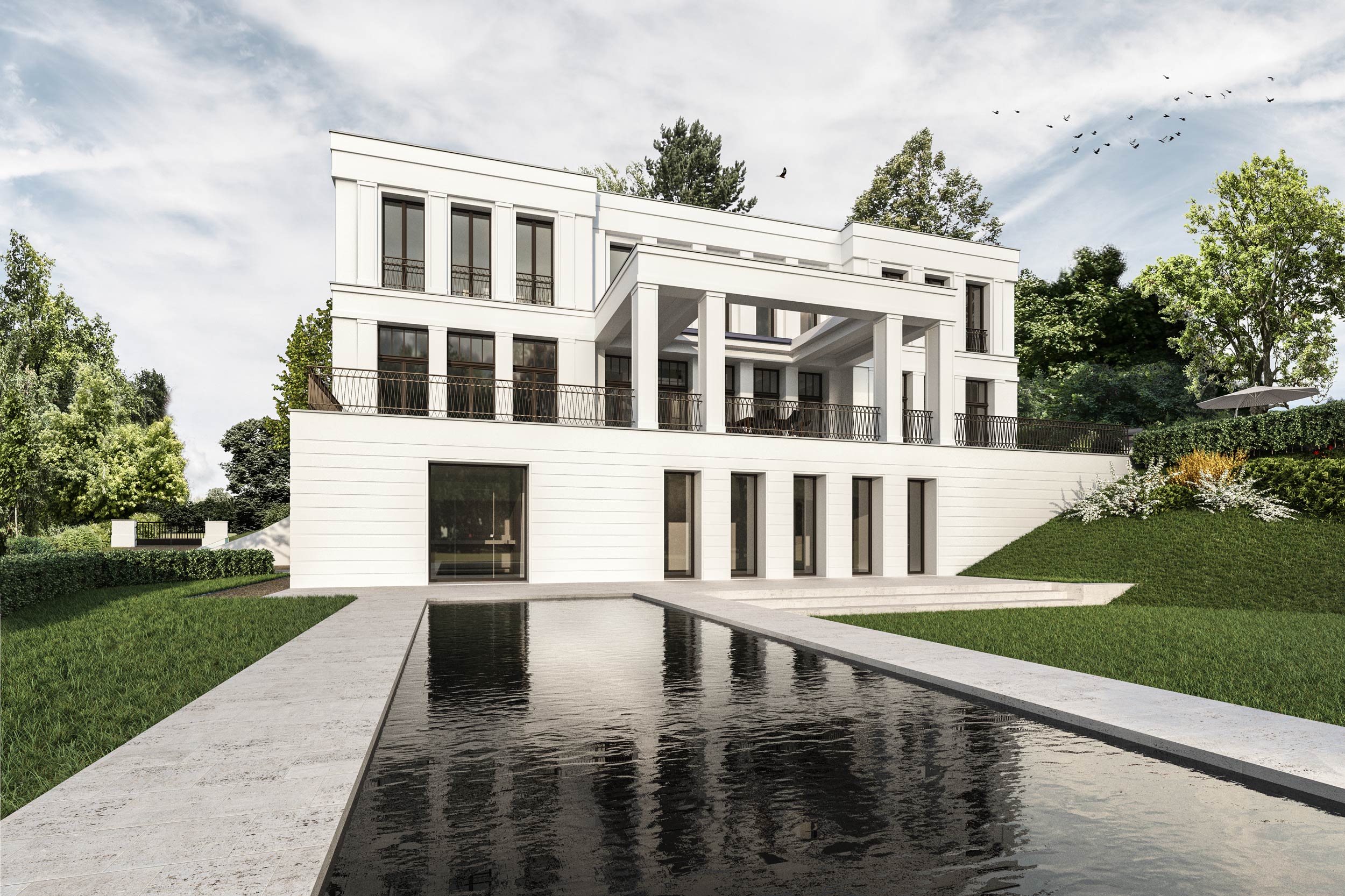 Die klassische Villa am Hang wird im Souterrain als Fitness- und Wellnessbereich genutzt. Der Saunabereich ist zum Garten hin direkt an den Außenpool angeschlossen.