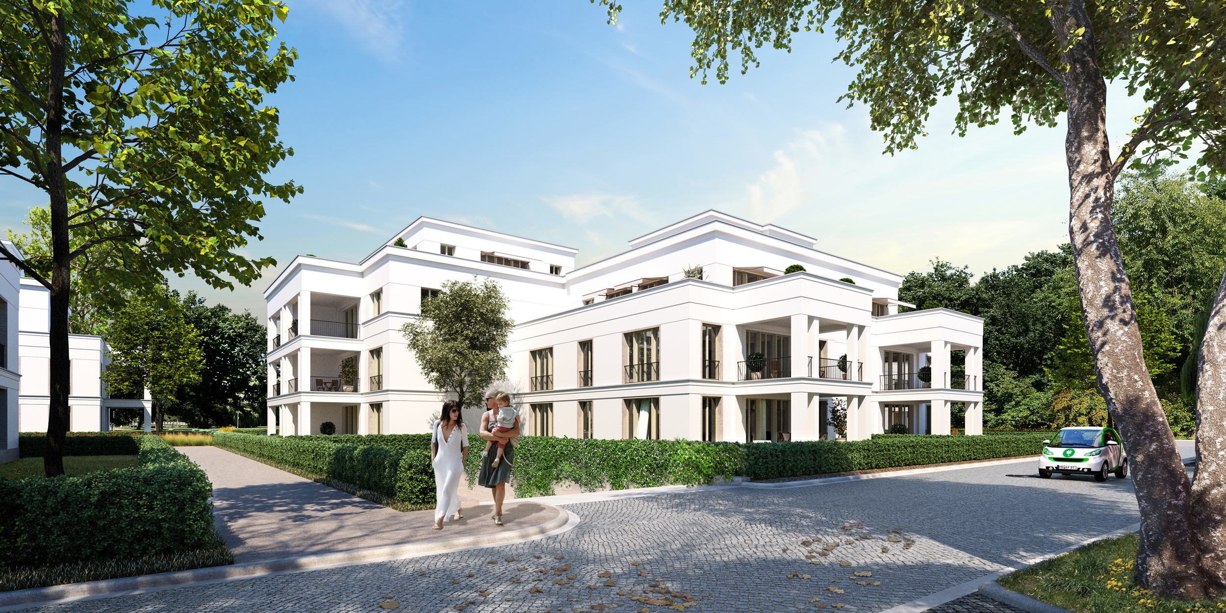 Neubauprojekt eines Wohnquartiers mit 42 Eigentumswohnungen - Vom Hofgartenweg aus erlebt man die großzügig terrassierten Südseiten in weisser Eleganz.