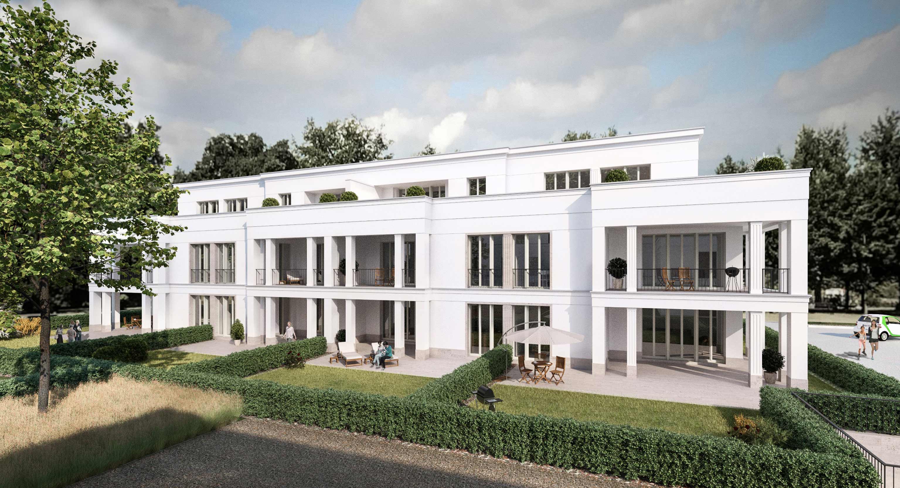 Neubauprojekt eines Wohnquartiers mit 42 Eigentumswohnungen - Überdachte Loggien und bodentiefe Fenster geben der Südseite des Hauses seine Gestalt.