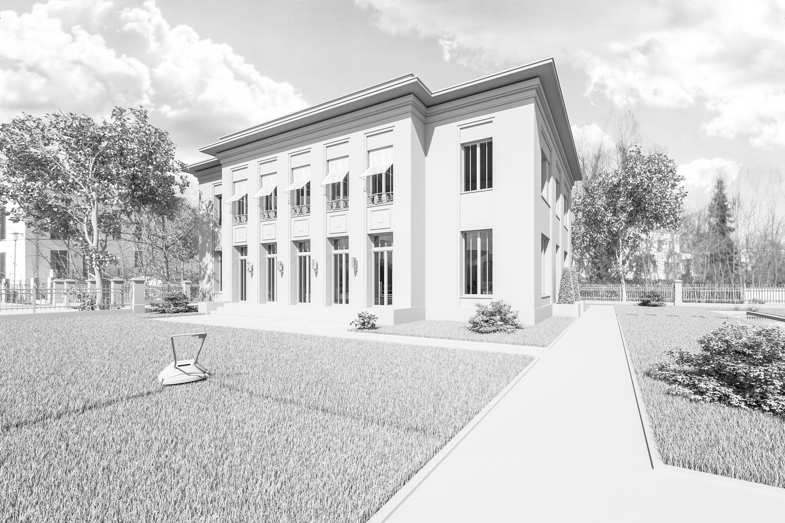 Neubau einer Landhausvilla in der Berliner Vorstadt in Potsdam - Unaufgeregt soll sich die Villa in die Nachbarschaft einordnen, andererseits aber durch die präzise gesetzten Öffnungsproportionen und eine feine Ornamentierung einen spannungsvollen Kontrast zu dieser bilden.