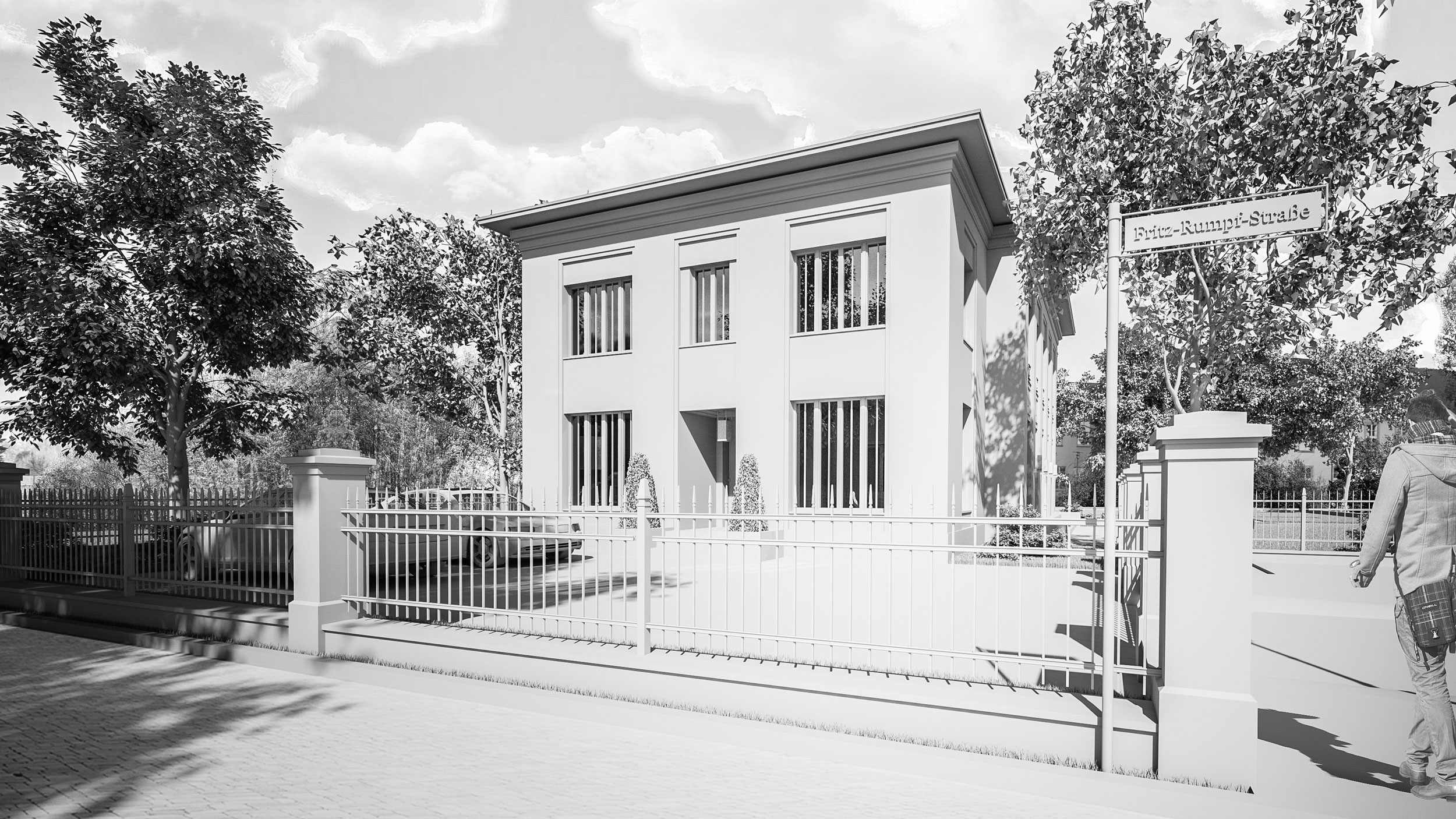 Neubau einer Landhausvilla in der Berliner Vorstadt in Potsdam Neubau einer Landhausvilla in der Berliner Vorstadt in Potsdam - Eingangsportal, große Atelierfenster und ein weit auskragendes Attikagesims geben der Straßenfassade seinen Charakter.