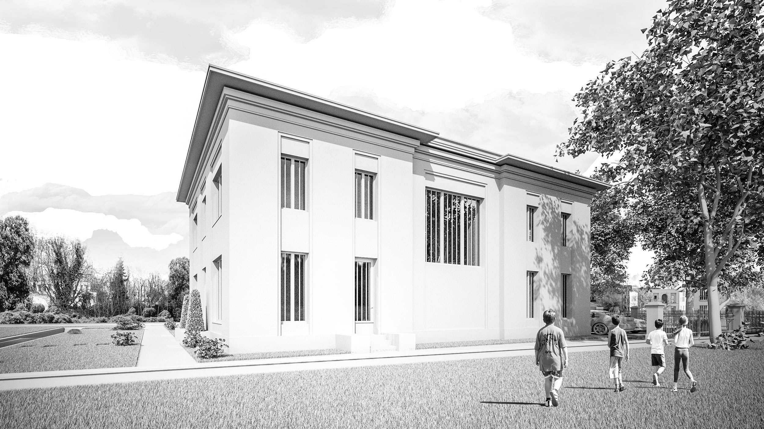 Neubau einer Landhausvilla in der Berliner Vorstadt in Potsdam Neubau einer Landhausvilla in der Berliner Vorstadt in Potsdam - Die Wohnbereiche und die vollverglaste Terppenhalle gliedern die Gartenfassade.