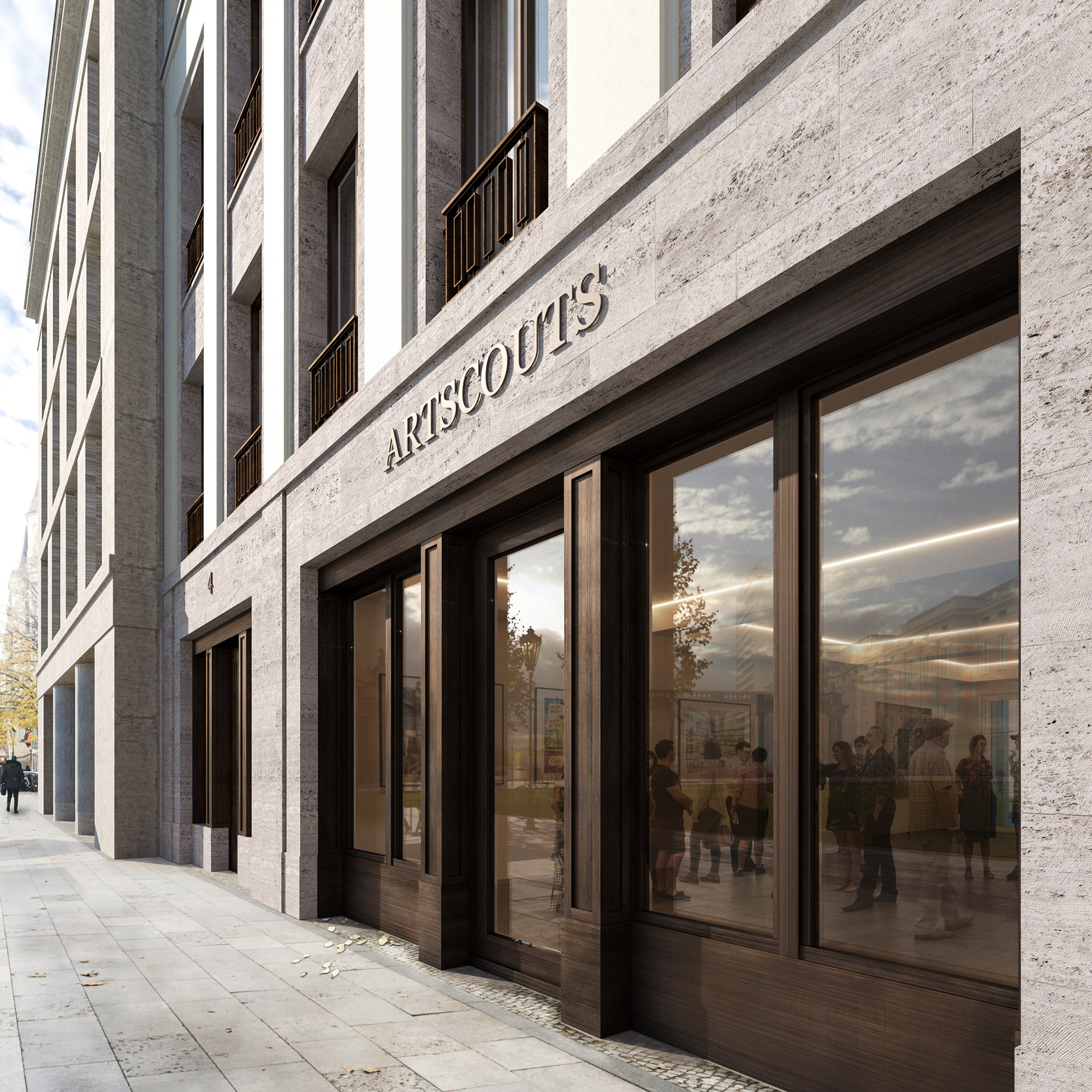 Die Materialien der Schaufensteranlage im Erdgeschoss sind Kirchheimer Naturstein und Baubronze. Neubau eines städtischen Wohnhauses am Steubenplatz - NEUE MITTE POTSDAM