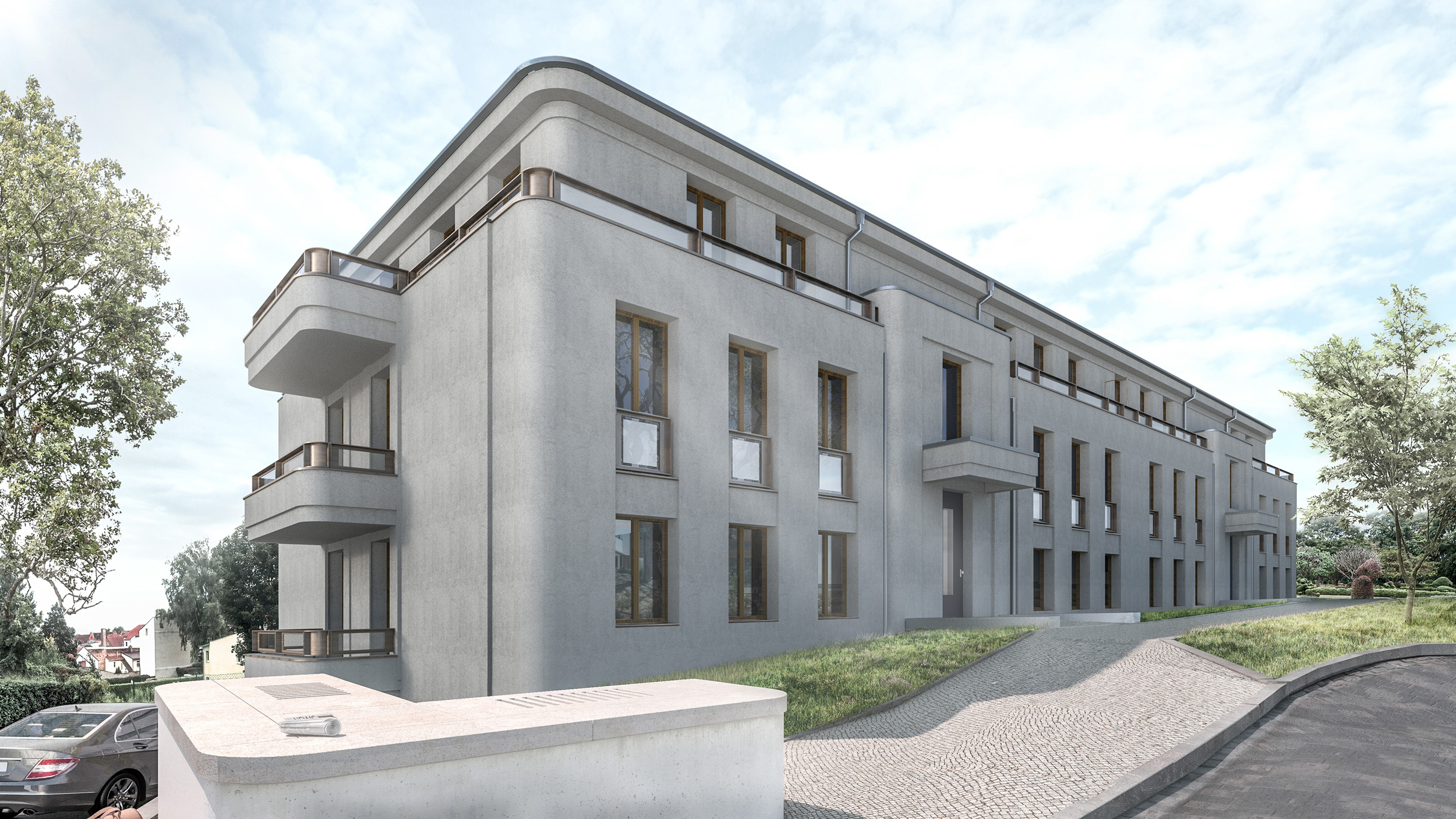 schlossblick terrassen apartmentanlage moderne wohnungen ausblick Eine Apartmentanlage mit modernen Wohnungen und Ausblick auf das Schloss