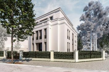 Der Kubatur des Hauses ist kompakt an der Straßeneinmündung positioniert.