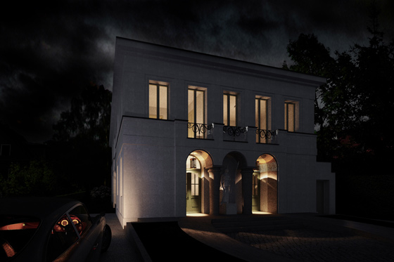 Das Eingangsportal ist mit drei Rundbögen gestaltet. Hier betritt man den Wohn- und Speisebereich.