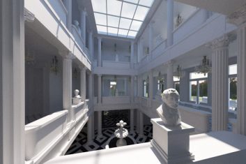 Loggien aus Säulen ummanteln über drei Geschosse den glasüberdeckten Innenhof.