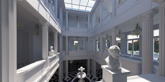 Loggien aus Säulen ummanteln über drei Geschosse den glasüberdeckten Innenhof.