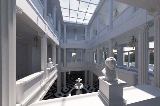 Loggien aus Säulen ummanteln über drei Geschosse den glasüberdeckten Innenhof.