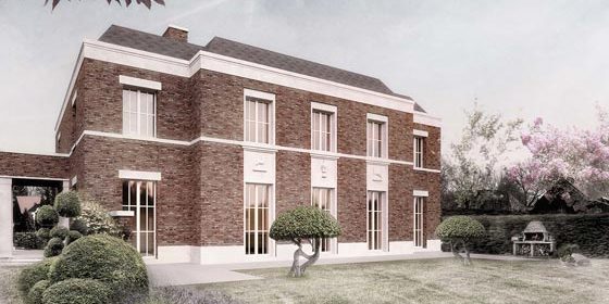 Die Fassade aus Ziegelsteinen wird von weißen Sprossenfenstern kontrastiert.