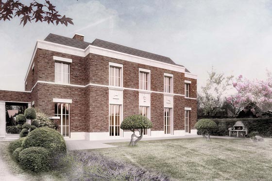 Die Fassade aus Ziegelsteinen wird von weißen Sprossenfenstern kontrastiert.