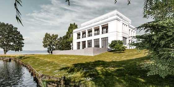 Fassadengestaltung mit Loggia, Terrasse und Balustrade zum See hin