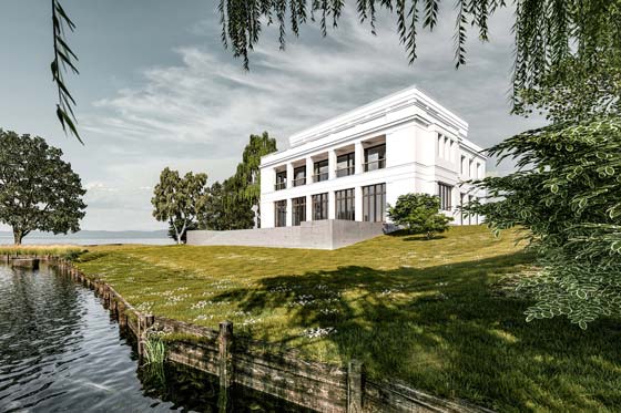 Fassadengestaltung mit Loggia, Terrasse und Balustrade zum See hin