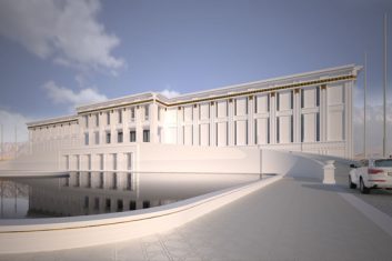 Das große Gebäude wird durch serielle Fassadenelemente aus Beton strukturiert.