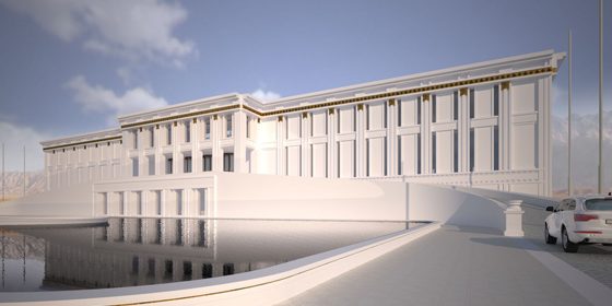 Das große Gebäude wird durch serielle Fassadenelemente aus Beton strukturiert.