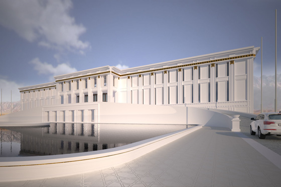 Das große Gebäude wird durch serielle Fassadenelemente aus Beton strukturiert.